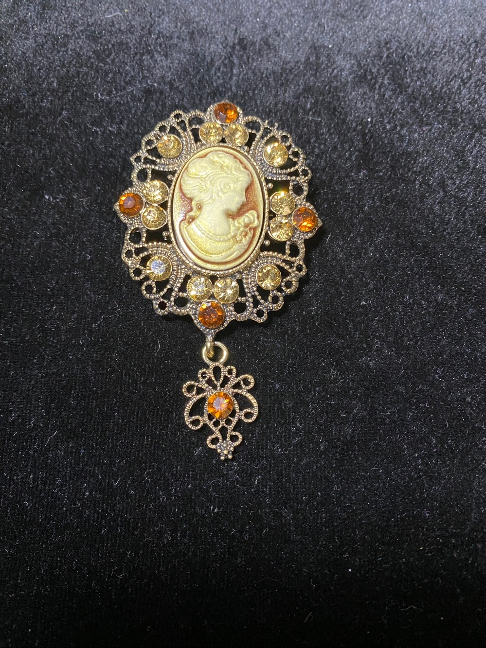 Vintage inspired Cameo Brooch Antique Brass tone Orange Beige Rhinestone Crystal